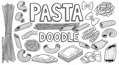 Hand Drawn Pasta Shapes Set featuring Farfalle Shells and Penne