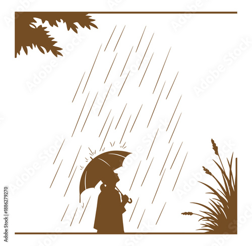 Silhouette of a woman holding an umbrella on a rainy day outdoors