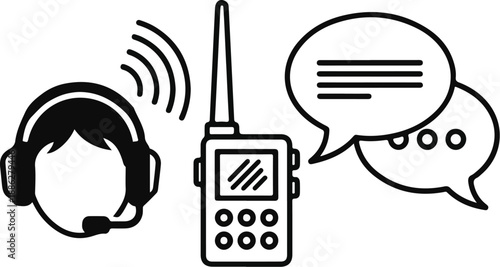 A simple black and white line drawing of a pilot wearing a headset with radio communication device and speech bubbles on a clean white background.