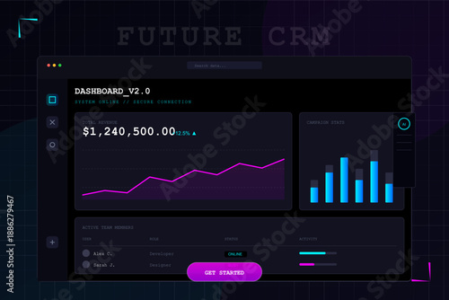 "A sleek and immersive dark-mode dashboard interface titled 'Future CRM'. The design features high-contrast neon accents in magenta and cyan, presenting complex data through elegant line graphs