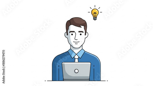 Man with Laptop and Lightbulb Idea Symbol.