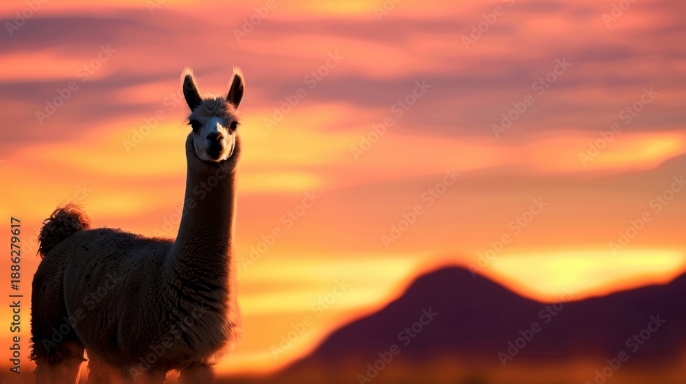Fototapeta premium Majestic llama standing against a stunning sunset backdrop with mountains and vibrant colors in the background