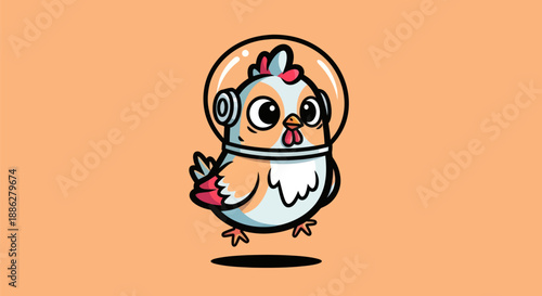 Cartoon chicken astronaut on orange background