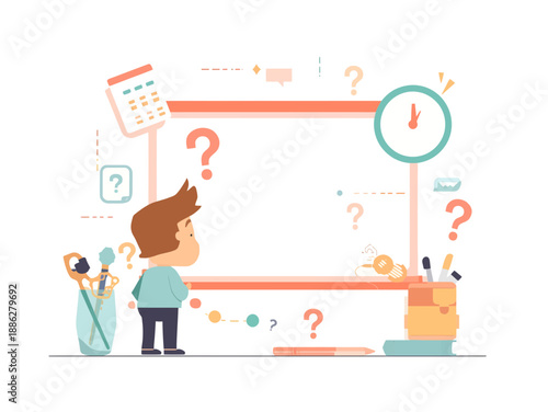 A puzzled young student gazes at a whiteboard filled with questions and school supplies, contemplating a challenging academic problem