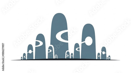 Abstract stylized cityscape with rounded towers and unique shapes.