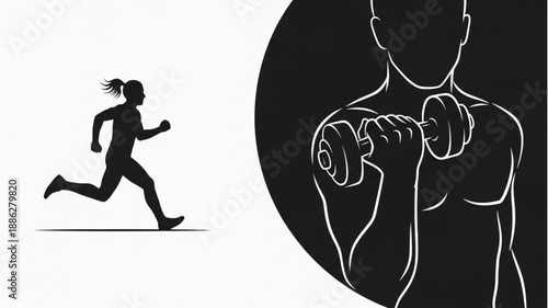 Silhouette of a runner and a person lifting weights.