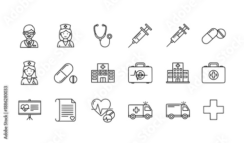 Conceptual science laboratory and chemistry line icons vector set