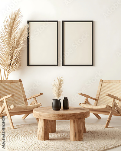 Minimalist interior design featuring two empty black poster frames on light wall, surrounded by natural decor elements, creating serene atmosphere