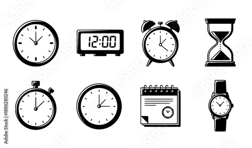 Conceptual thin line time and clock icons vector set isolated on white