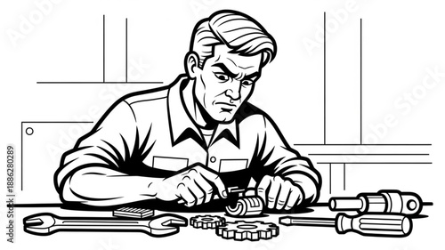 Mechanic working on gears and tools with intense focus.