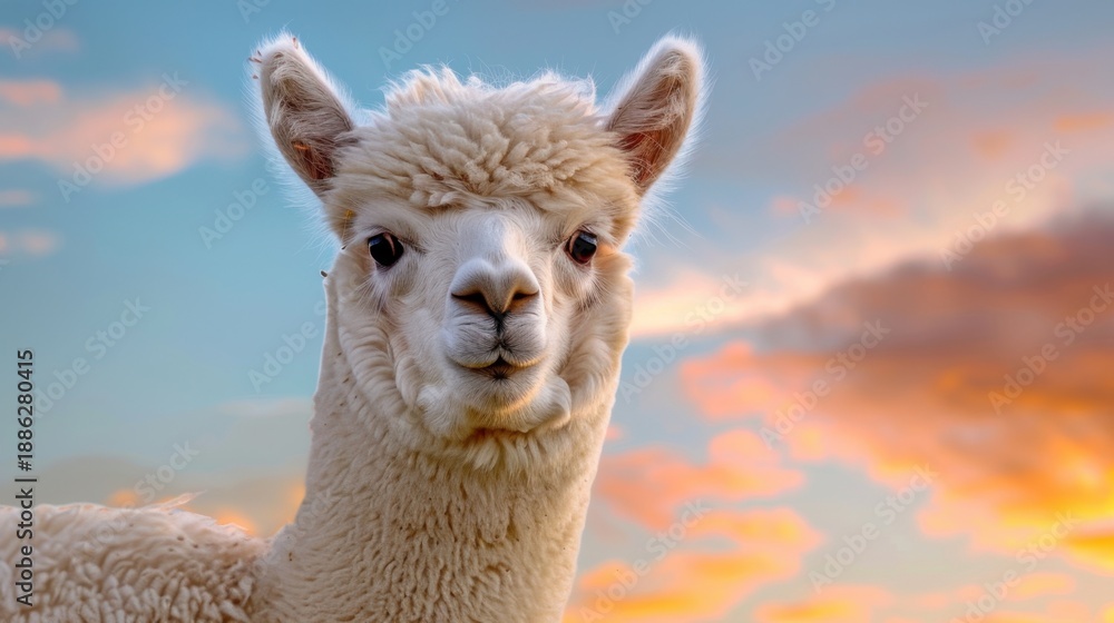 Fototapeta premium Charming Alpaca Portrait Against a Beautiful Sunset Sky with Soft Clouds and Warm Colors