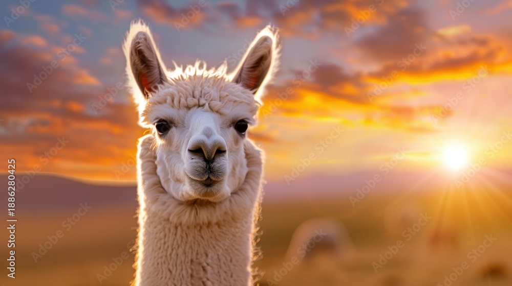 Naklejka premium Close-up of a Llama Against a Stunning Sunset Landscape with Vibrant Colors and Soft Lighting in the Background
