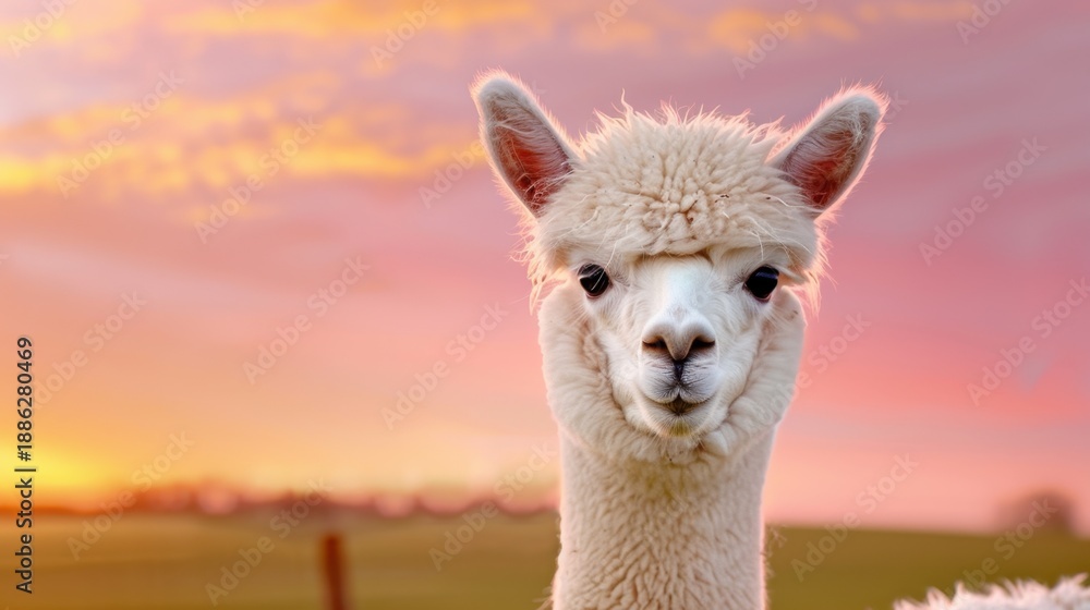 Fototapeta premium Charming Alpaca Portrait Against a Colorful Sunset Sky with Soft Clouds and Vibrant Colors