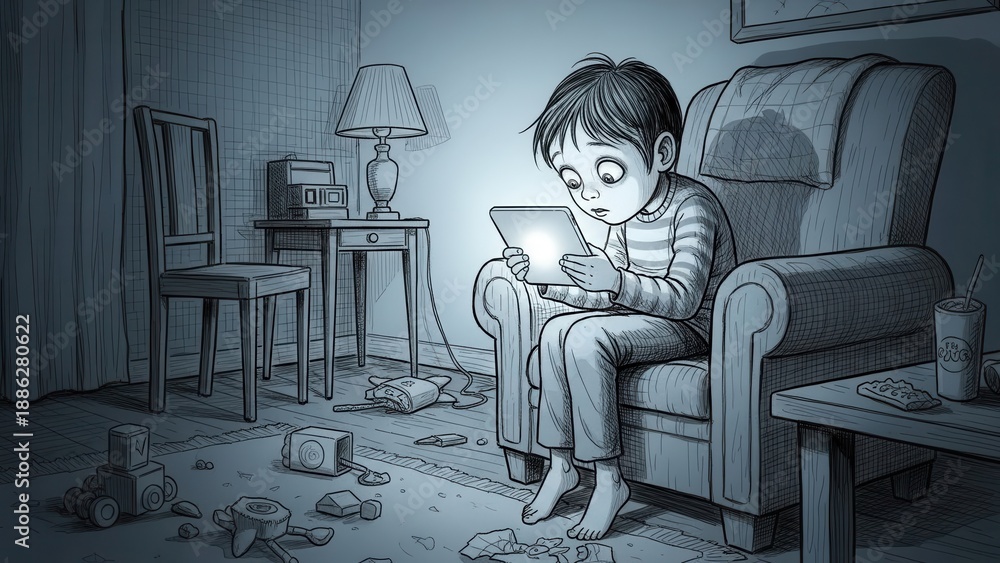 Naklejka premium Child captivated by tablet's luminous glow, lost in digital world within a quiet, dimly lit room