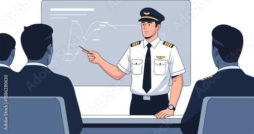 Illustration of a pilot presenting to two colleagues in a briefing room with a whiteboard in the background, conveying a professional and instructional mood.