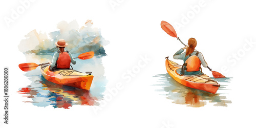 woman kayaking in the river watercolor vector illustration