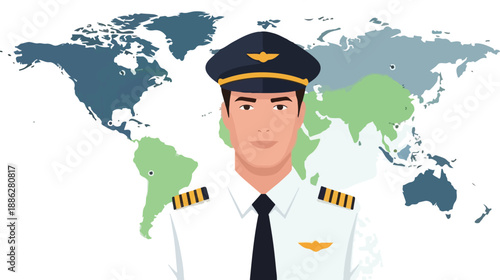 Illustration of a pilot in uniform standing in front of a world map with a clean and simple design.