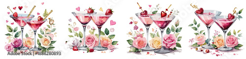 Valentine’s Strawberry Cocktail Vector Set — Watercolor Martini Glasses with Roses and Hearts