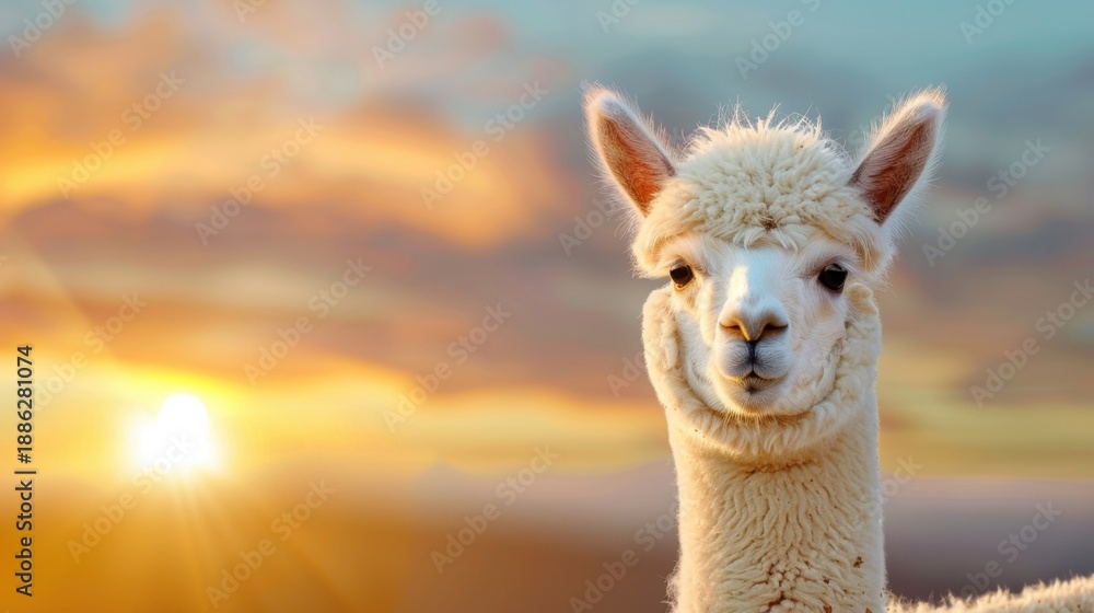 Fototapeta premium Cute Alpaca with Fluffy Fur Against a Vibrant Sunset Sky Creating a Serene Atmosphere in Nature