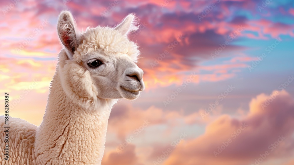 Obraz premium Charming Alpaca Portrait Against a Stunning Colorful Sunset Sky with Soft Clouds