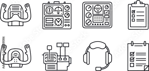 A collection of line icons depicting various pilot and aviation control instruments and equipment on a white background.