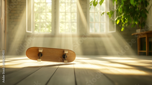 Skateboard sunlight wooden floor indoor morning peaceful mood green plant window