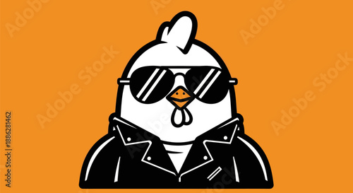 Cartoon chicken in sunglasses on orange
