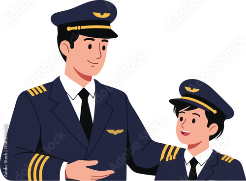 An illustration of a male pilot and a younger pilot in navy blue uniforms with gold accents standing against a plain white background.