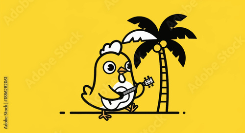 Cartoon chicken playing guitar under palm tree