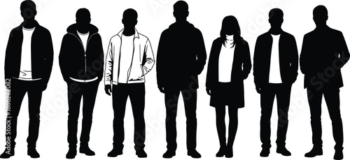 Group of Young Diverse People Silhouettes Wearing Casual Jackets and Modern Streetwear Standing in a Row Isolated on White Background for Youth Community Concepts