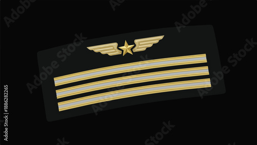 Close-up shot of a gold pilot insignia with wings and stripes on a black background, conveying a sense of aviation and professionalism.