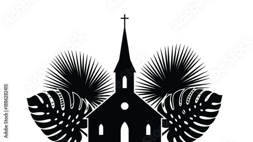 Church Silhouette with Cross and Leaves.