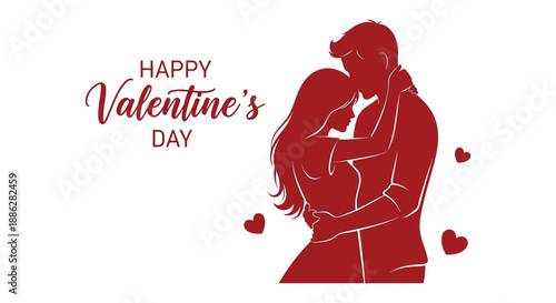 A romantic illustration depicts a couple embracing surrounded by hearts celebrating a happy valentine s day with a red color scheme