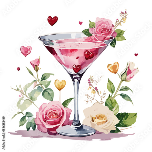 Valentine’s Floral Cocktail Vector — Watercolor Martini Glass with Roses and Hearts