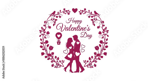 A romantic valentine s day illustration featuring a couple embracing within a floral heart shaped wreath design in pink