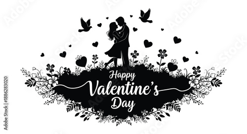 A silhouetted couple embracing with fluttering birds and scattered hearts celebrates a romantic valentine s day scene high quality