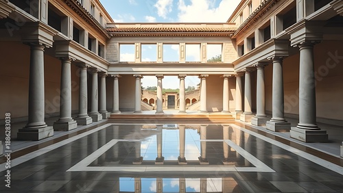 domus. The atrium of an ancient Roman villa, a square impluvium reflecting colonnade and sky. real-estate listings.