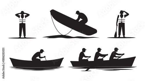 Fishermen Silhouettes in Various Poses on Boats with Nets in Dramatic Black and White Illustration for Outdoor Adventure