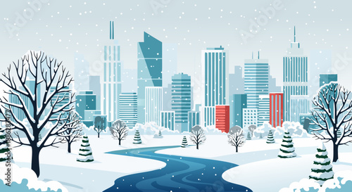Winter city skyline illustration with snowy trees and a frozen river, vector art and design elements for seasonal greetings