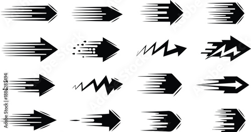 Collection of 16 dynamic black arrow icons representing speed, motion, and direction with various line effects.