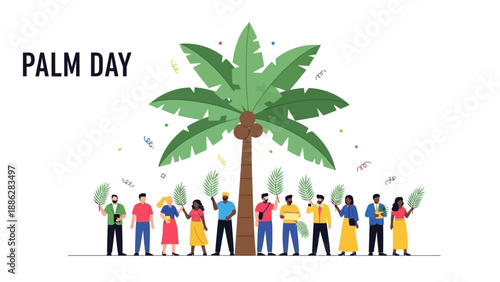 Diverse Group of People Standing Near Palm Tree.