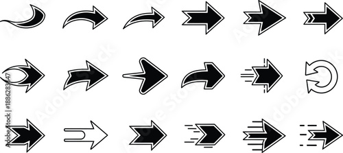 Set of 20 black arrow icons in various styles, including curved, sharp, speed-lined, and segmented designs for direction and motion.