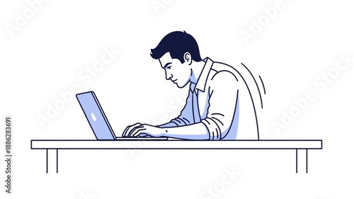 Man hunched over laptop at desk with poor posture.