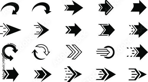Collection of modern black arrow icons and symbols with speed lines and outlines, representing direction and movement
