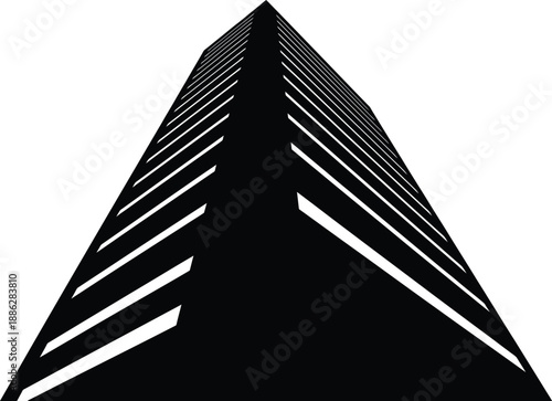 Abstract black skyscraper building icon with strong geometric lines, representing architecture and city concepts