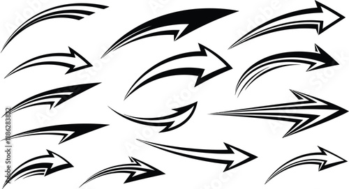 Dynamic black speed arrows with sweeping lines and sharp points, conveying motion, progress, and racing themes