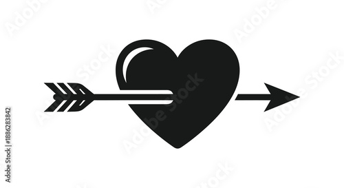 A striking black silhouette depicts a heart pierced by an arrow symbolizing love and potential vulnerability high quality