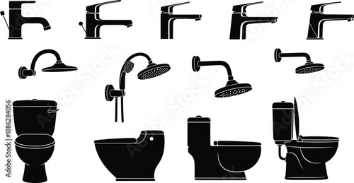 Large collection of bathroom toilet and shower silhouettes vector set featuring water faucets and sanitary equipment isolated on white background for interior design.