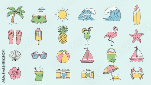Summer beach vacation icons and symbols collection.