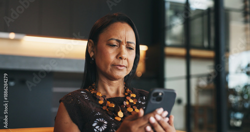 Obraz na plátně Confused, woman and reading in home with phone, unexpected news and text message for online gossip
